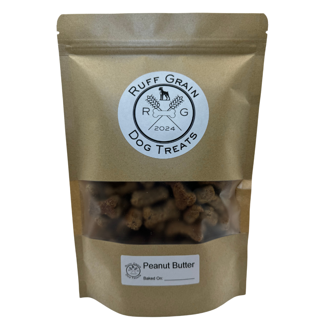 8 oz bag peanut butter flavored spent grain dog treats